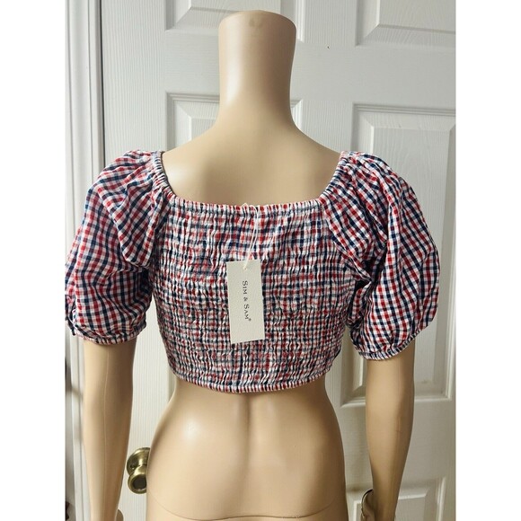 SIM & SAM Puff Sleeve Gingham Crop Top S Smock back Cowgirl Cottagecore Patriot - Picture 4 of 9